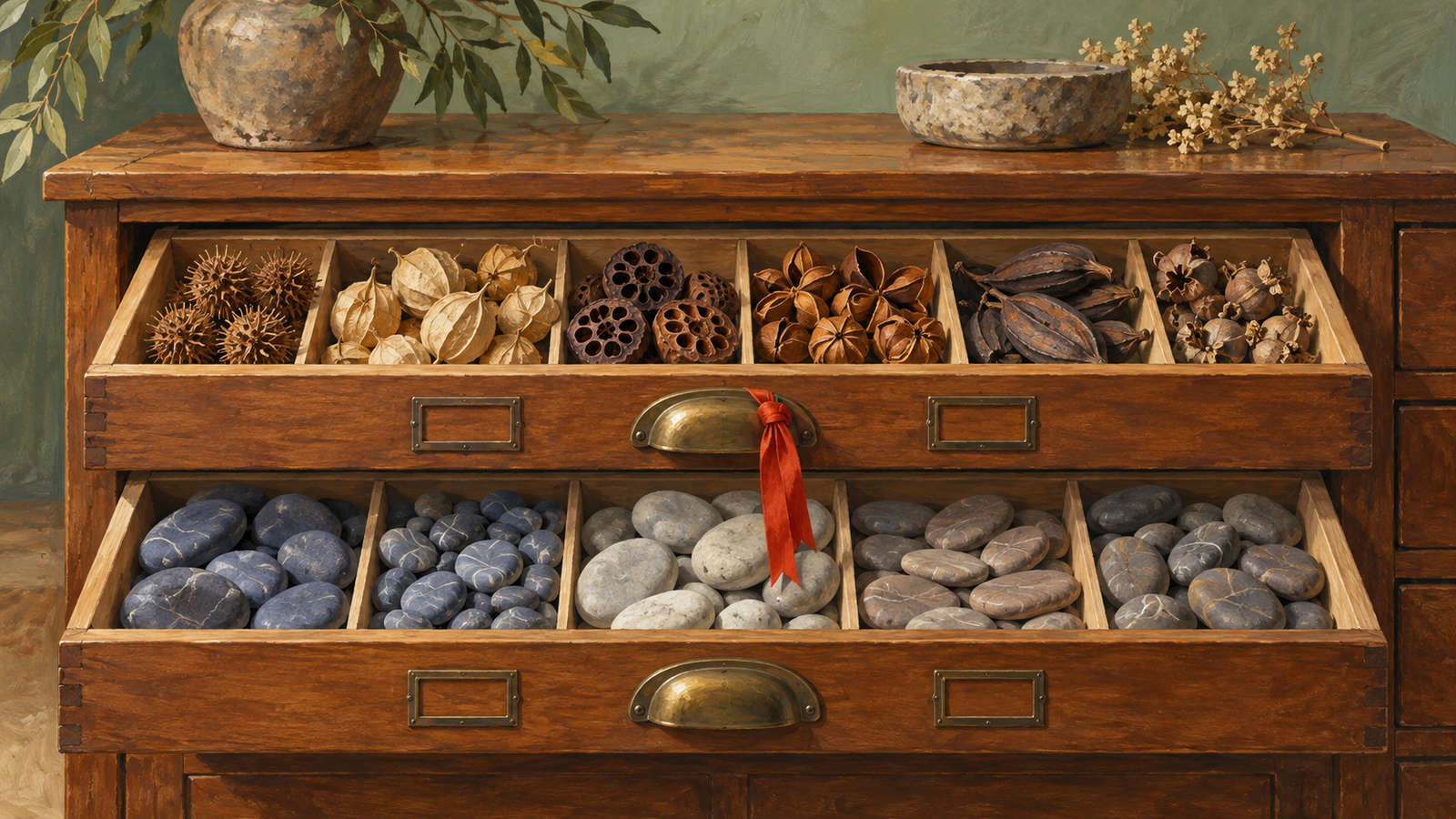 Compartmented drawers organize different seed pods and pebbles in one specimen cabinet