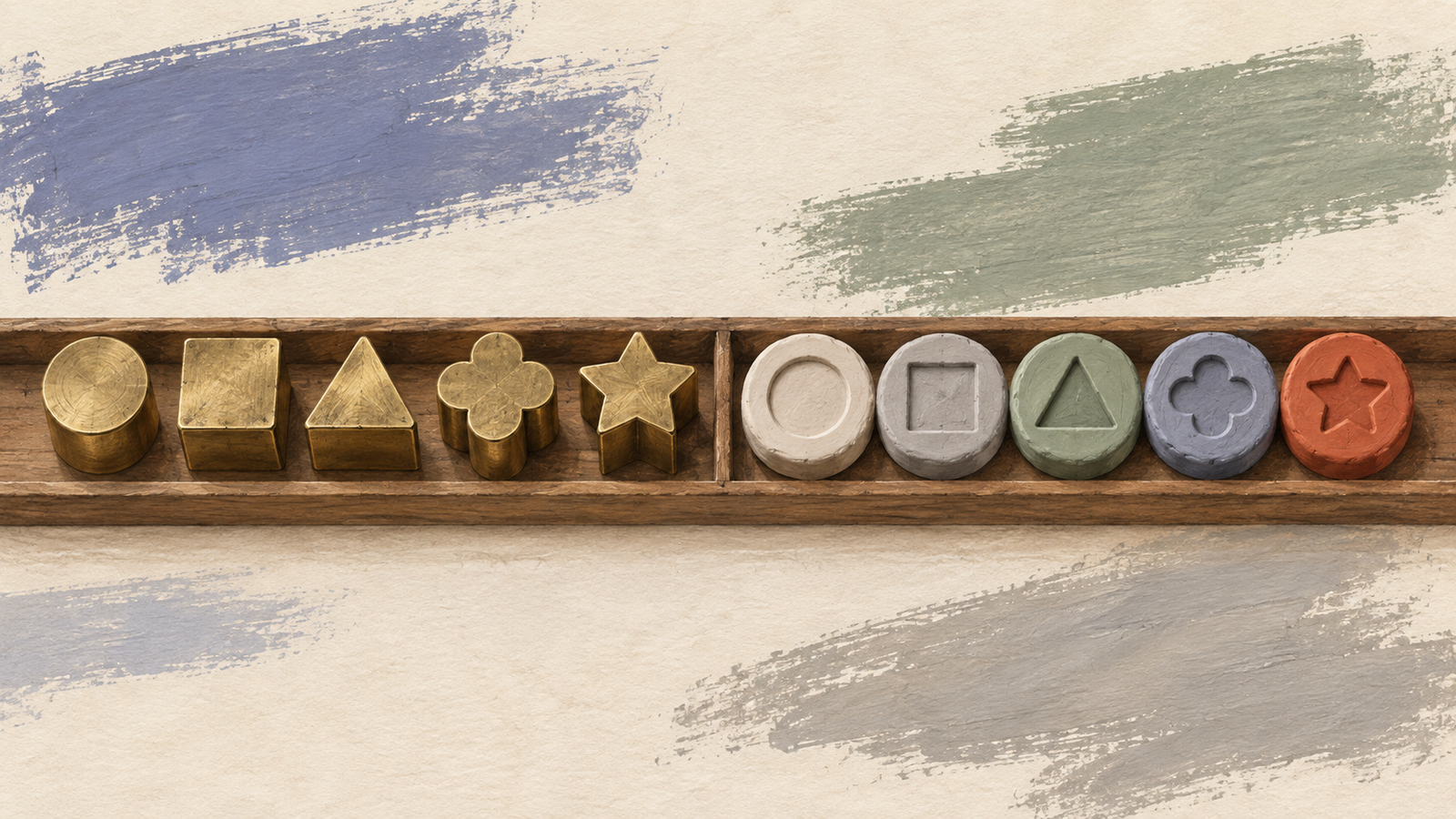 Five differently shaped brass dies correspond to five matching clay impressions