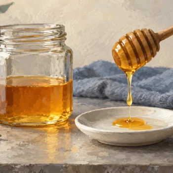 Honey dipper and a retained trail of honey beside a jar