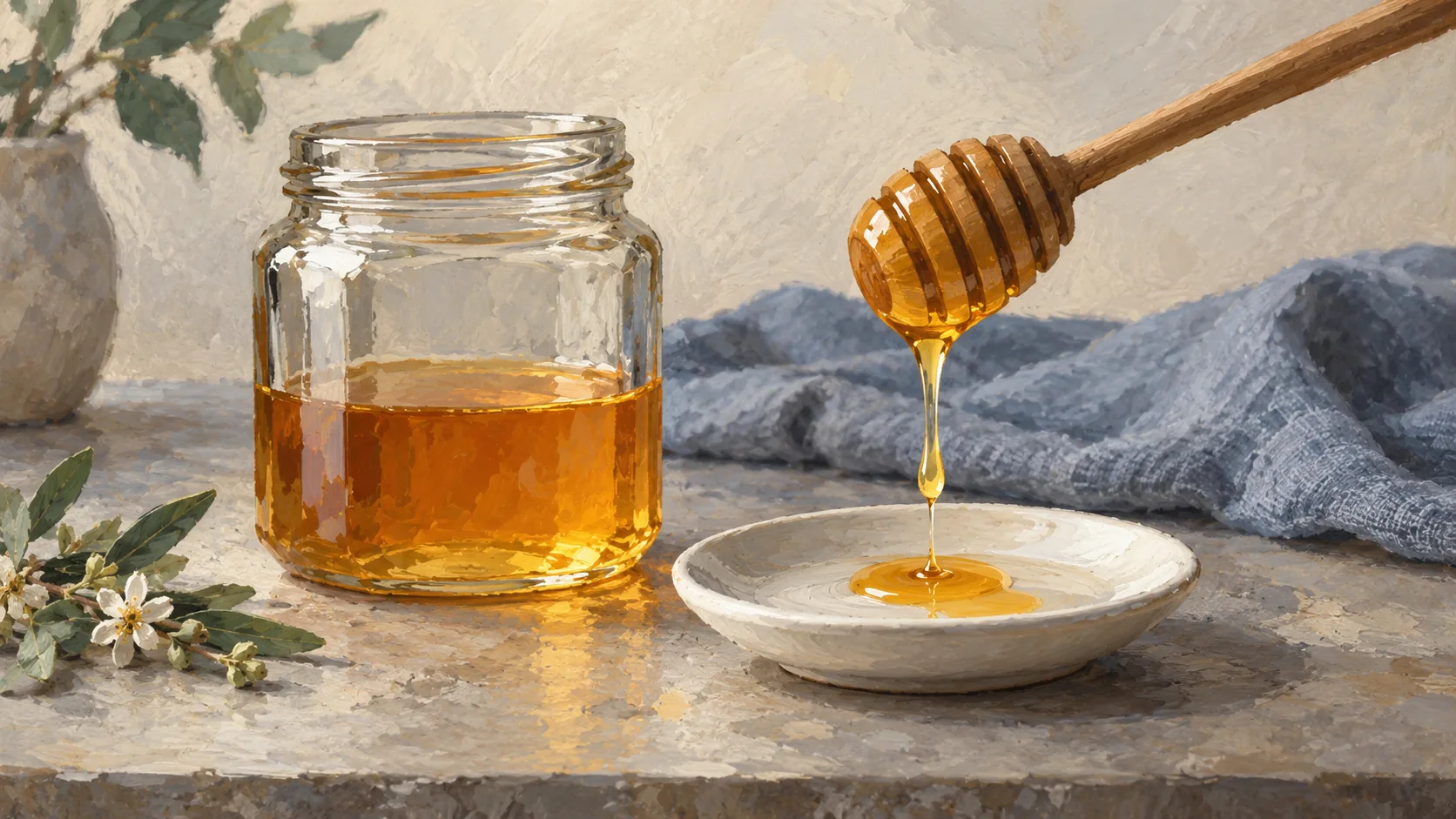 Honey dipper and a retained trail of honey beside a jar