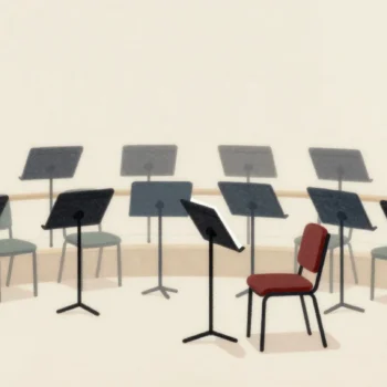 A row of music stands at the same height and angle, a hand straightening the one out of line