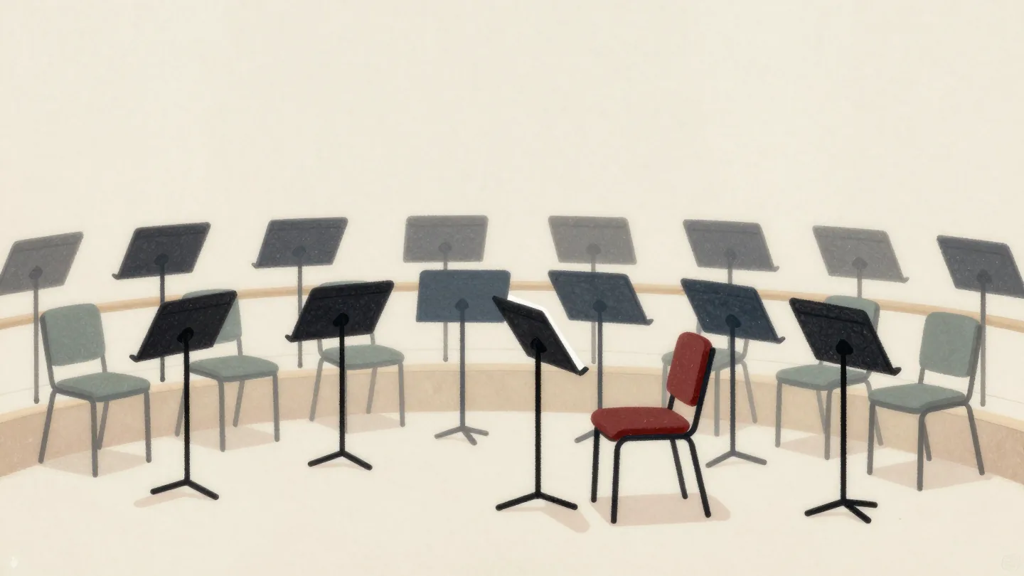 A row of music stands at the same height and angle, a hand straightening the one out of line