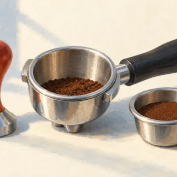 Espresso tamper beside shallow loose and compacted grounds in underfilled bowls