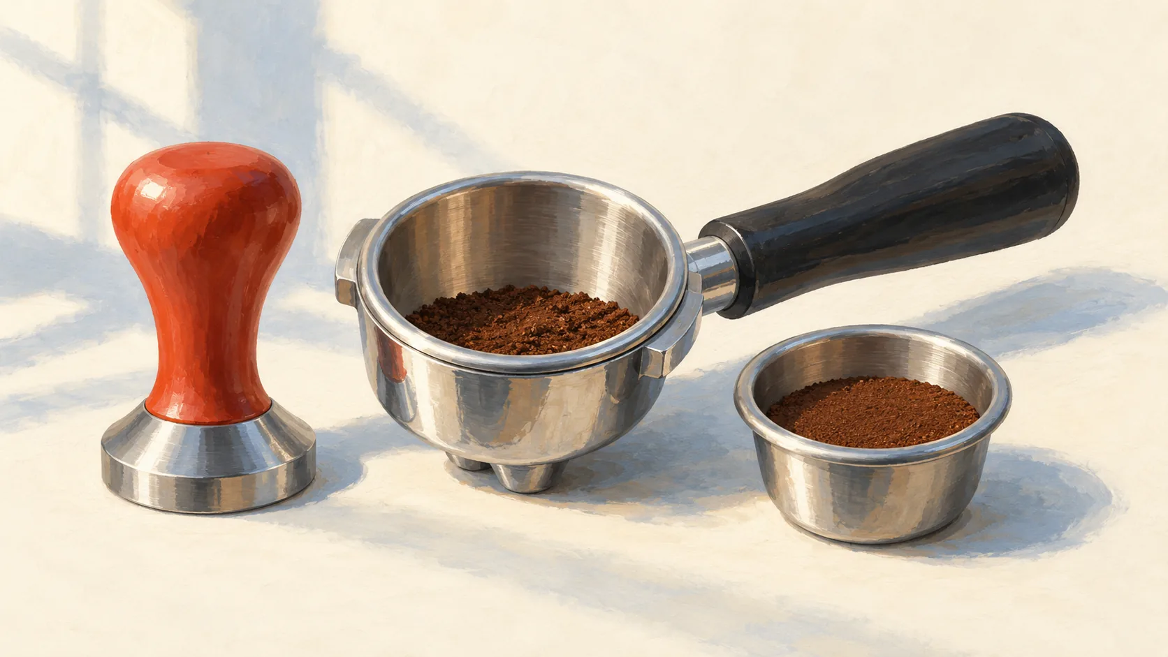 Espresso tamper beside shallow loose and compacted grounds in underfilled bowls
