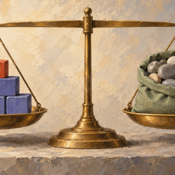A balance compares exactly fitting ceramic blocks with a sack of mixed pebbles