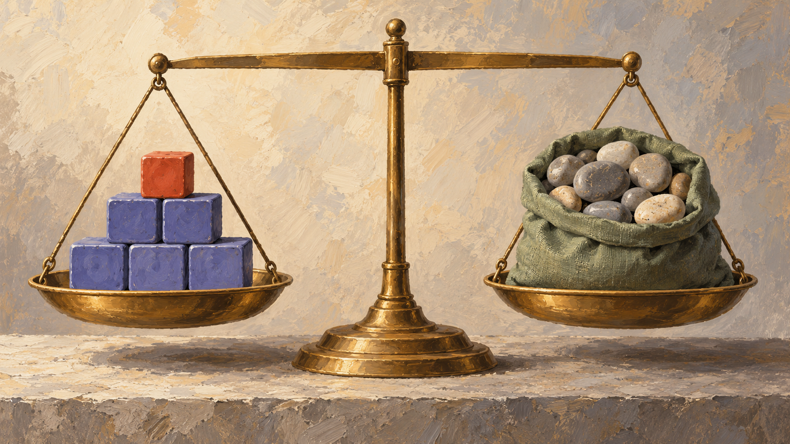 A balance compares exactly fitting ceramic blocks with a sack of mixed pebbles
