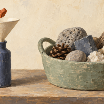 A narrow funnel accepts a small stone while a wider basket holds varied items