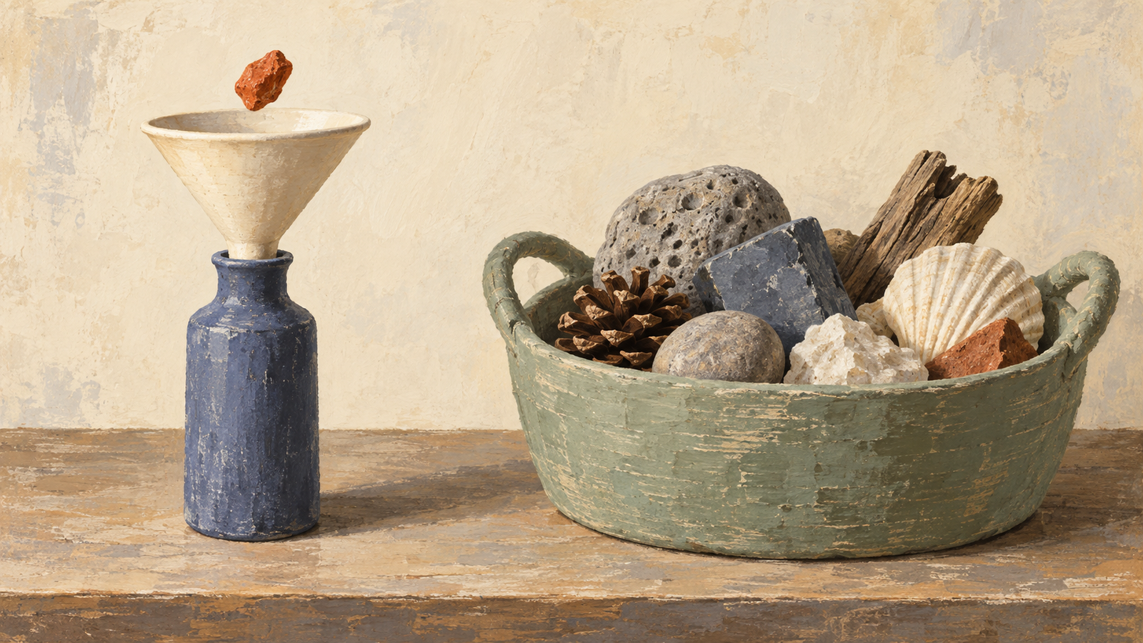 A narrow funnel accepts a small stone while a wider basket holds varied items