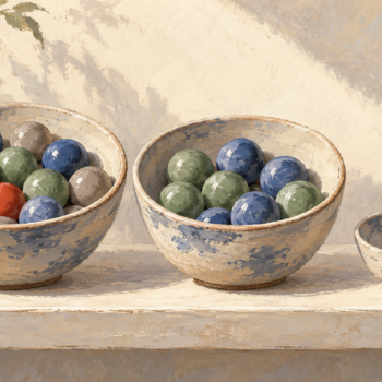 A separate dish collects marble colors present in the first bowl but absent from the second