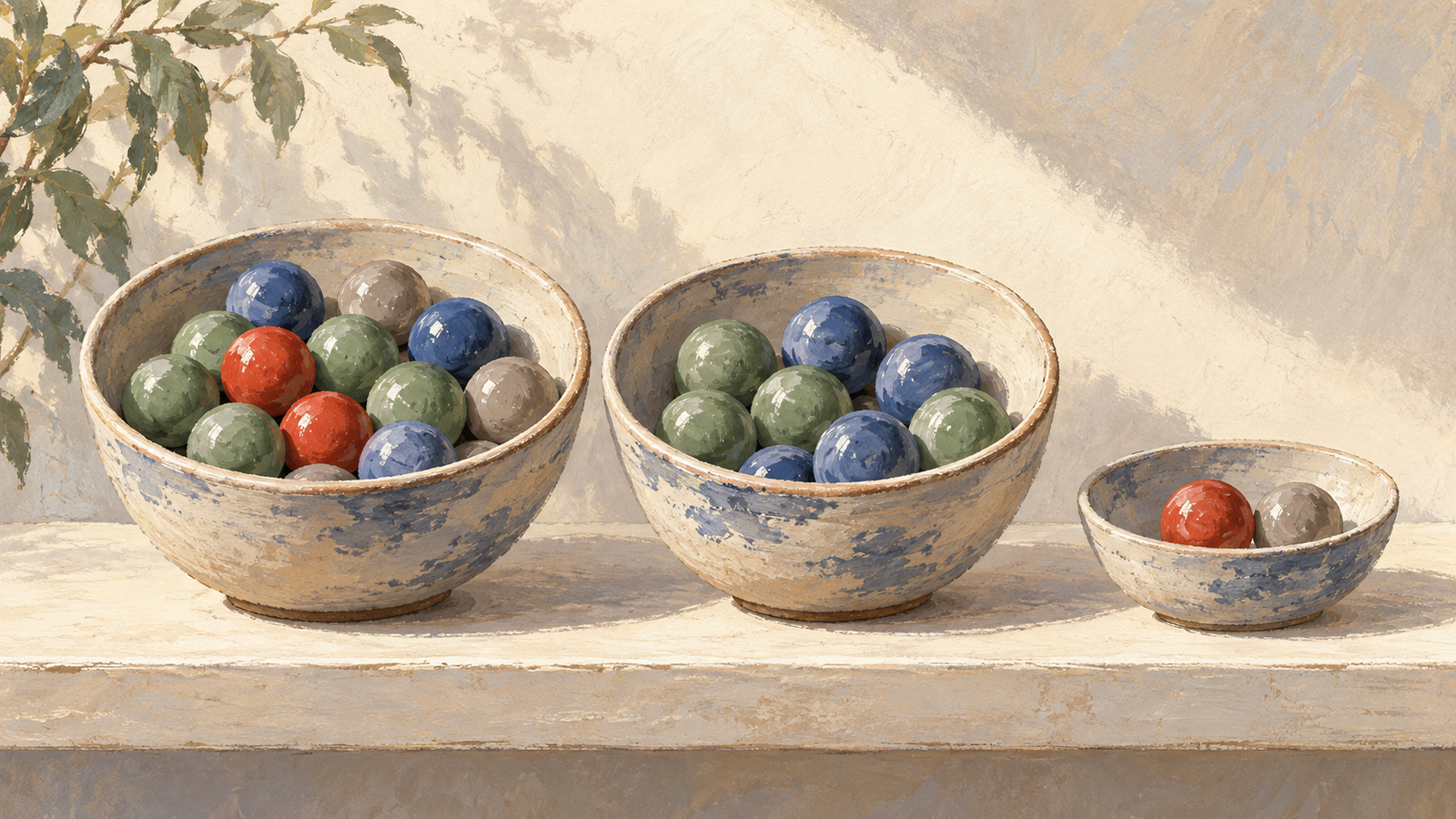 A separate dish collects marble colors present in the first bowl but absent from the second