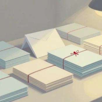 Gouache painting: a mail sorting desk with tidy bundles of letters of different sizes, each tied with string, ready to travel; one bundle is tied with vermilion string