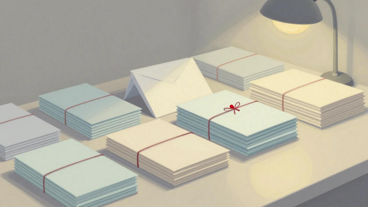 Gouache painting: a mail sorting desk with tidy bundles of letters of different sizes, each tied with string, ready to travel; one bundle is tied with vermilion string
