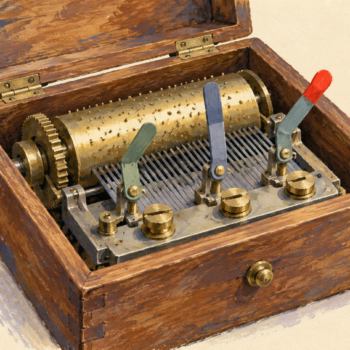 An open wooden mechanism exposes several differently positioned adjustment levers
