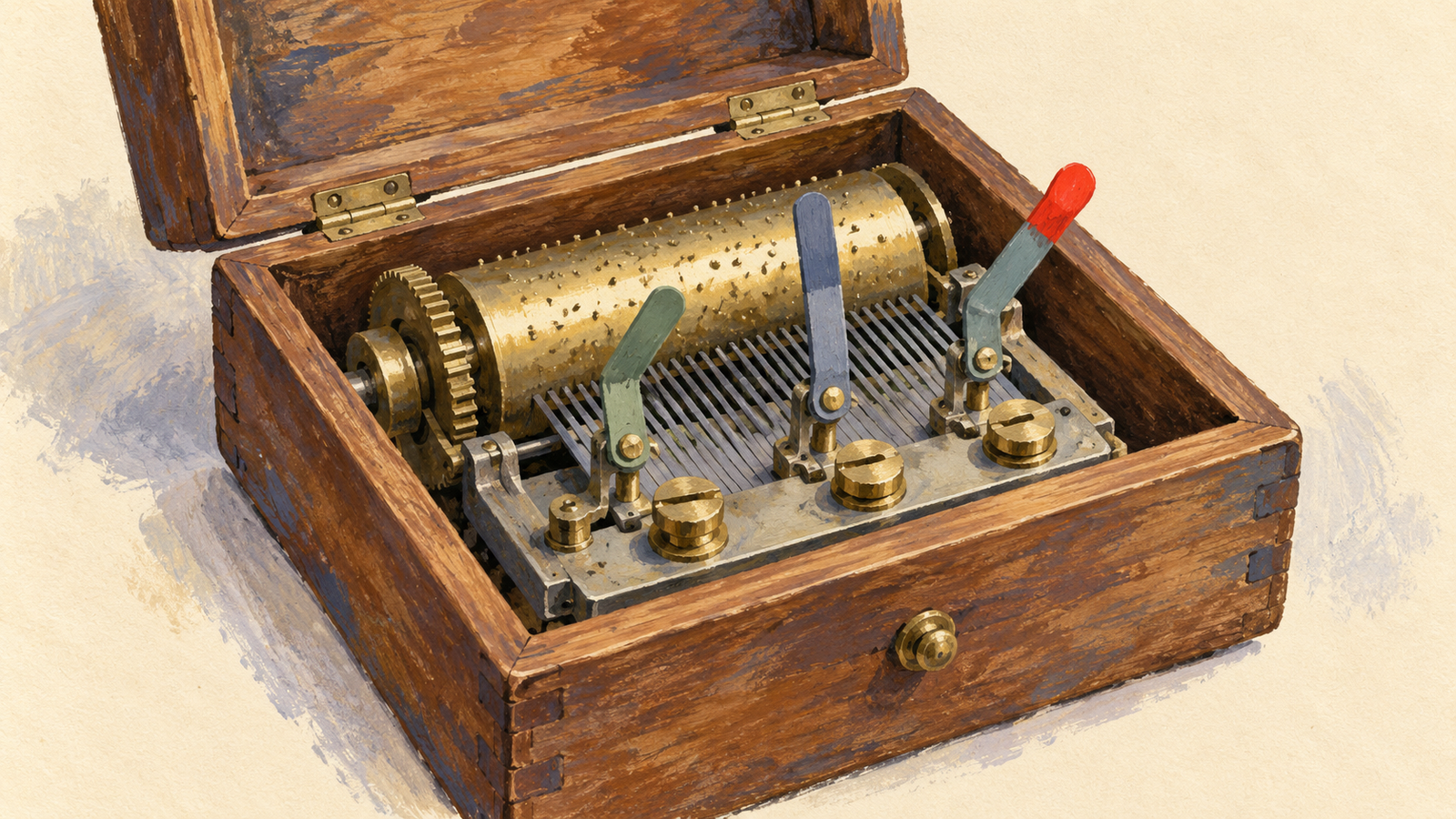 An open wooden mechanism exposes several differently positioned adjustment levers