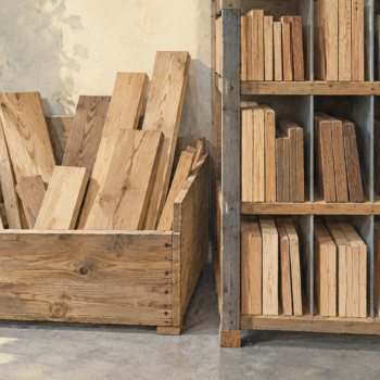 Loose planks in a staging bin beside planks held in an orderly slotted rack