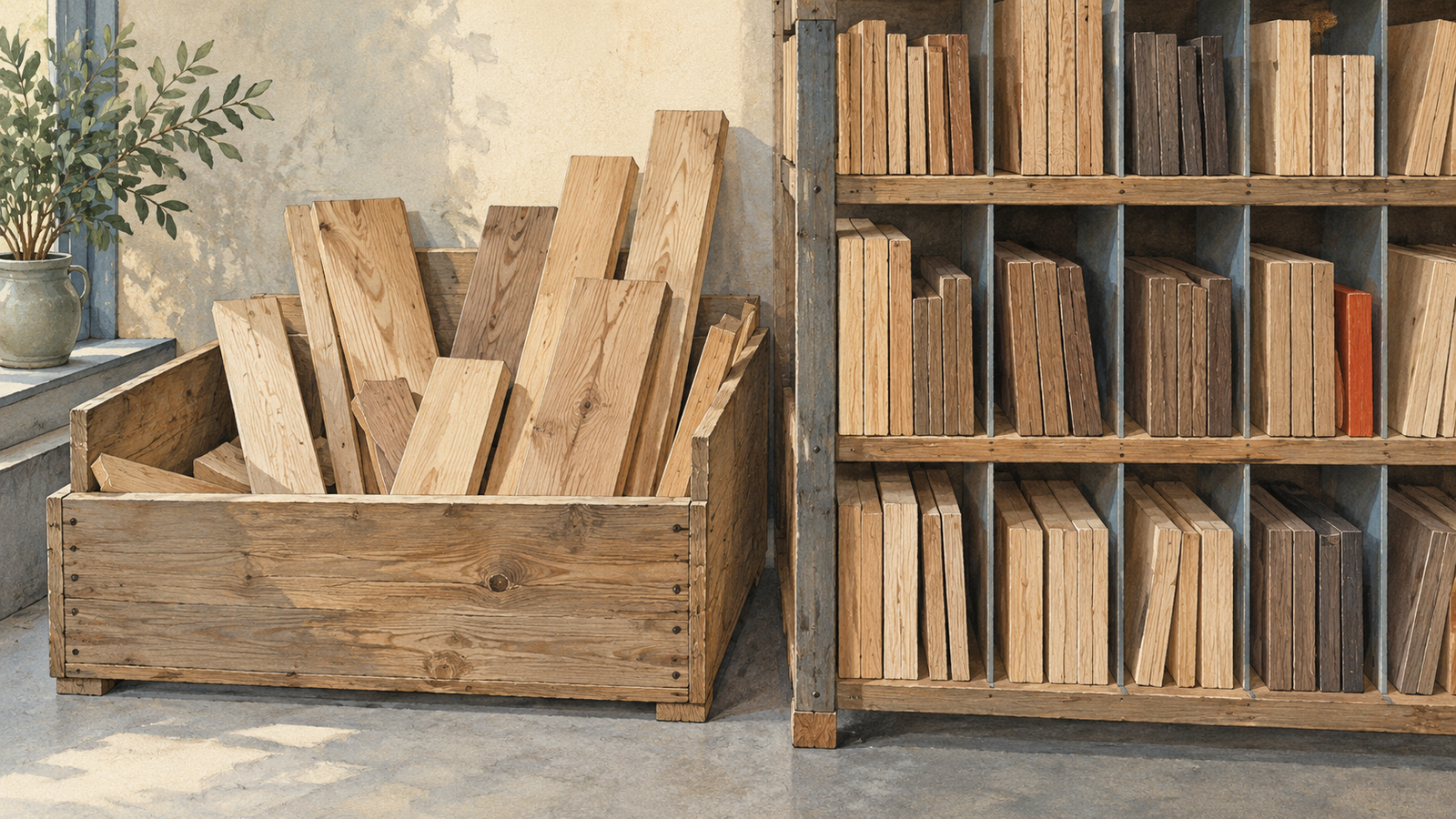 Loose planks in a staging bin beside planks held in an orderly slotted rack