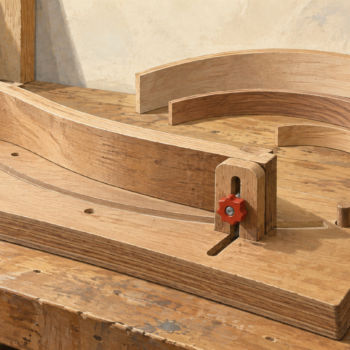 A wooden bending jig is adjusted to fit the curvature of a different strip
