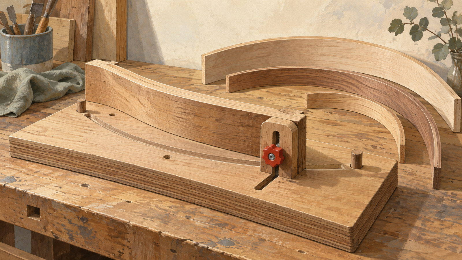 A wooden bending jig is adjusted to fit the curvature of a different strip