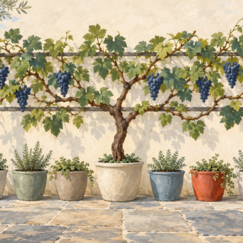 Branches of a grapevine connect back to the same main stem on a trellis