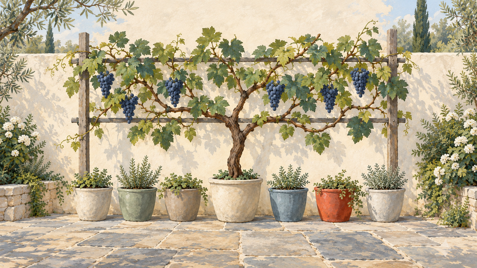 Branches of a grapevine connect back to the same main stem on a trellis