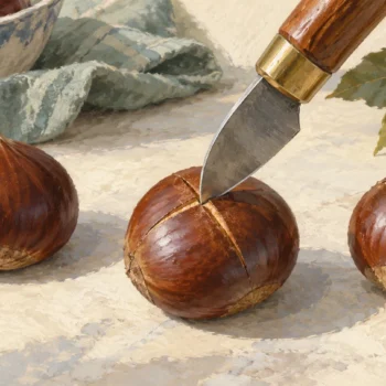 Chestnut scoring knife making an opening beside scored and untouched chestnuts