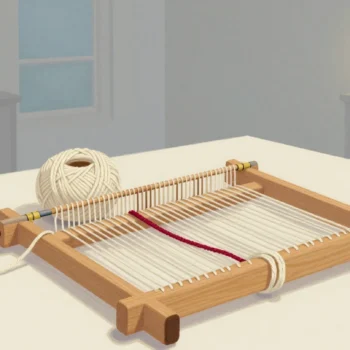 Gouache painting: a wooden weaving loom on a craft table, a thick skein of cream yarn at one end fanning out into many neat separate strands across the loom; one strand is vermilion