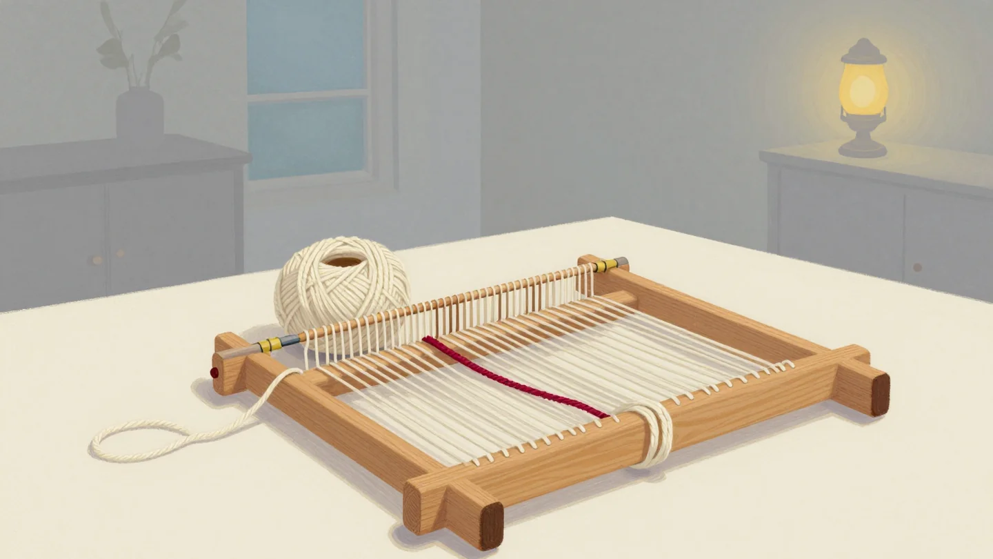Gouache painting: a wooden weaving loom on a craft table, a thick skein of cream yarn at one end fanning out into many neat separate strands across the loom; one strand is vermilion