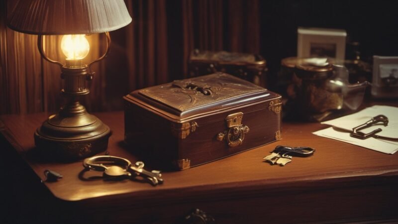 Locked antique box and keys on a detective desk at night