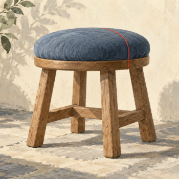 Four visible wooden legs firmly support one cushioned stool seat