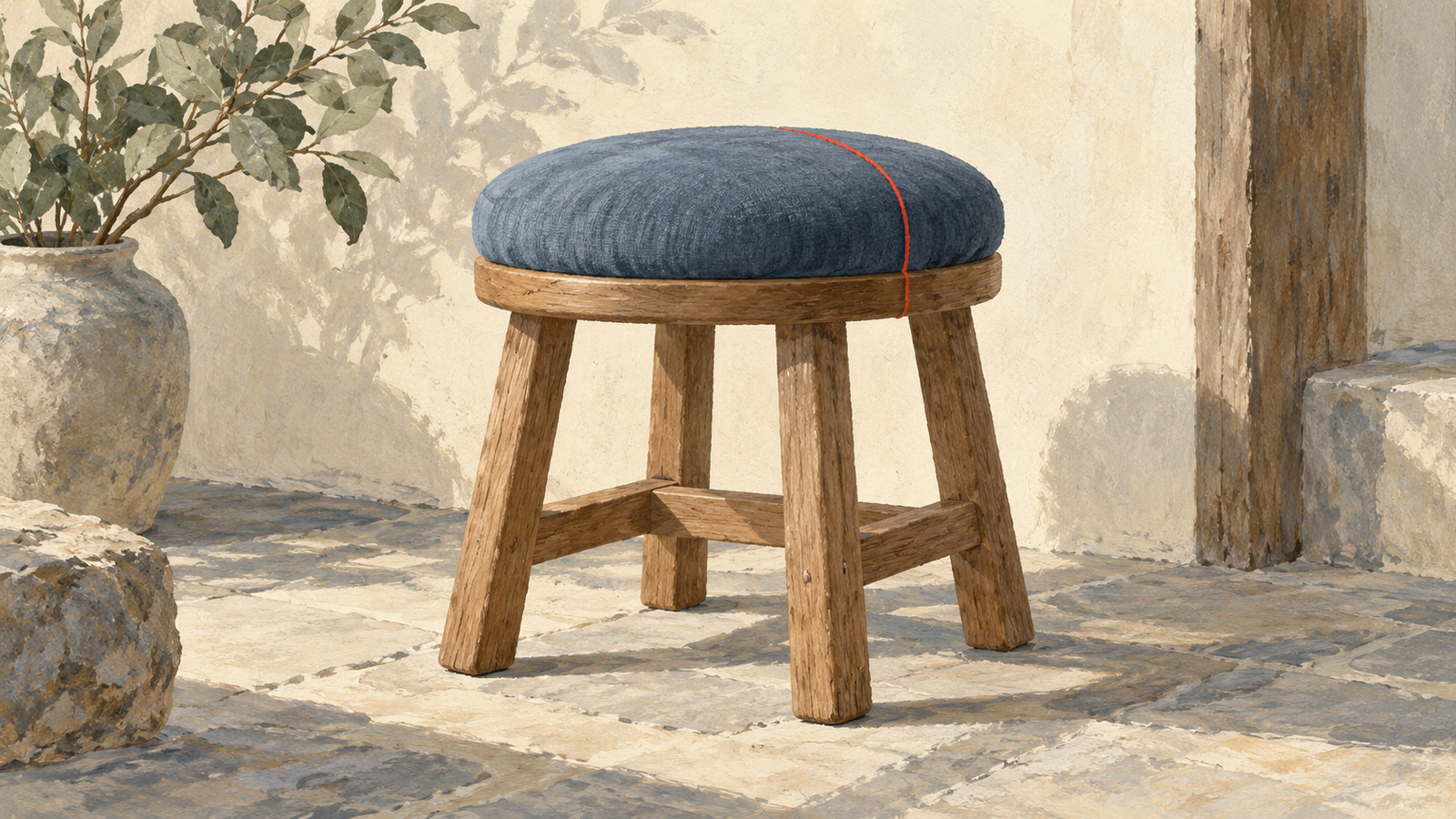 Four visible wooden legs firmly support one cushioned stool seat