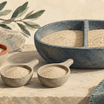 A measuring bowl and matching smaller scoops illustrate whole and fractional portions