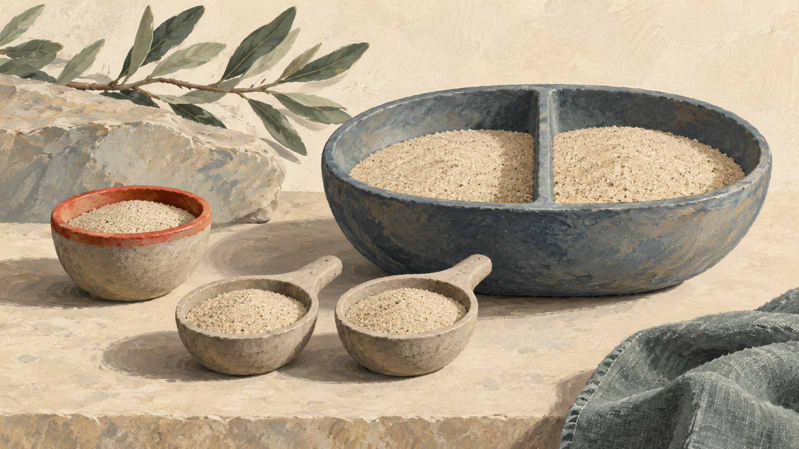 A measuring bowl and matching smaller scoops illustrate whole and fractional portions