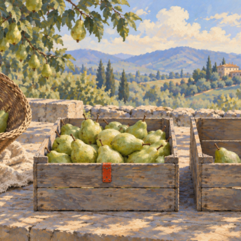 Individual green pears are sorted before filled crates are compared