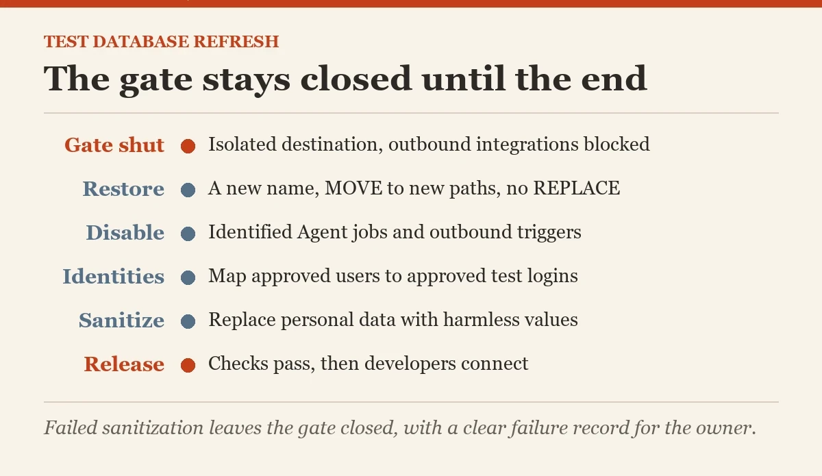 The gate stays closed until the end: a diagram about the refreshing a test database