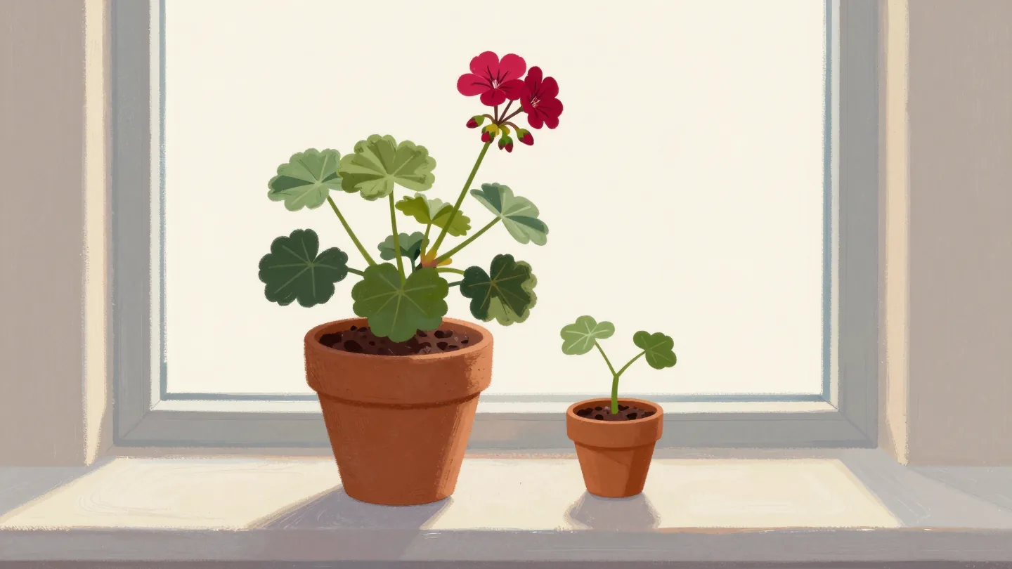 A mature red geranium on a windowsill beside a small rooted cutting of it whose flower buds are pinched off.