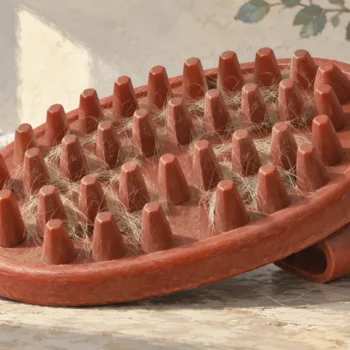 Rubber curry comb with hairs in some spaces and empty spaces retained