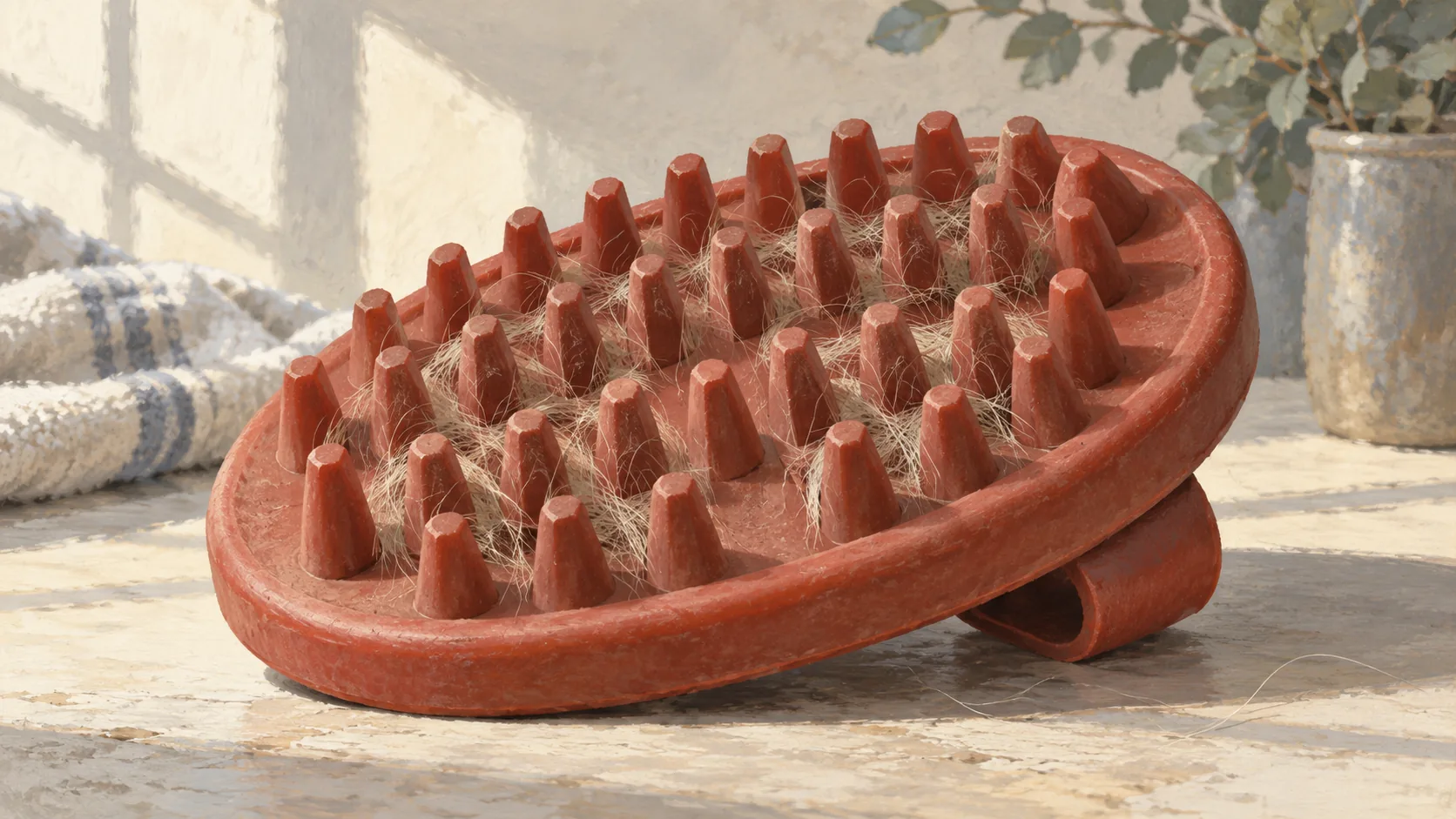 Rubber curry comb with hairs in some spaces and empty spaces retained