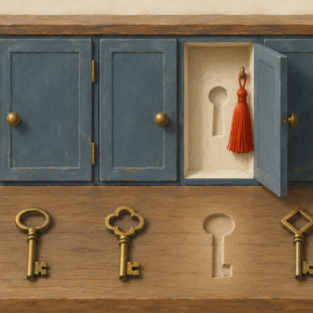 Cabinet doors with their individual keys and one conspicuously empty key recess