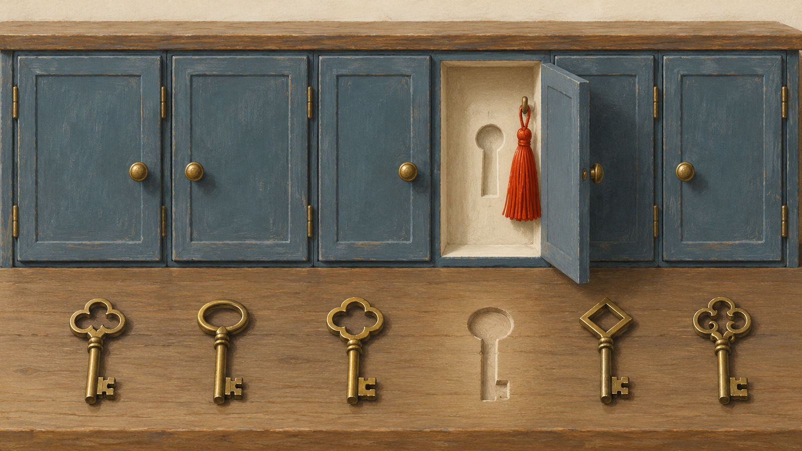 Cabinet doors with their individual keys and one conspicuously empty key recess