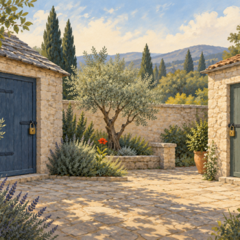 Separate locked stone buildings hold tools and keys on opposite sides of a small courtyard