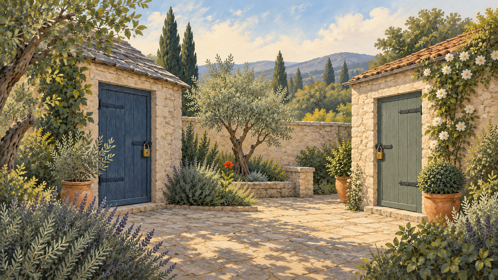 Separate locked stone buildings hold tools and keys on opposite sides of a small courtyard