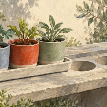 Three seedling cups travel together on one tray toward matching recesses