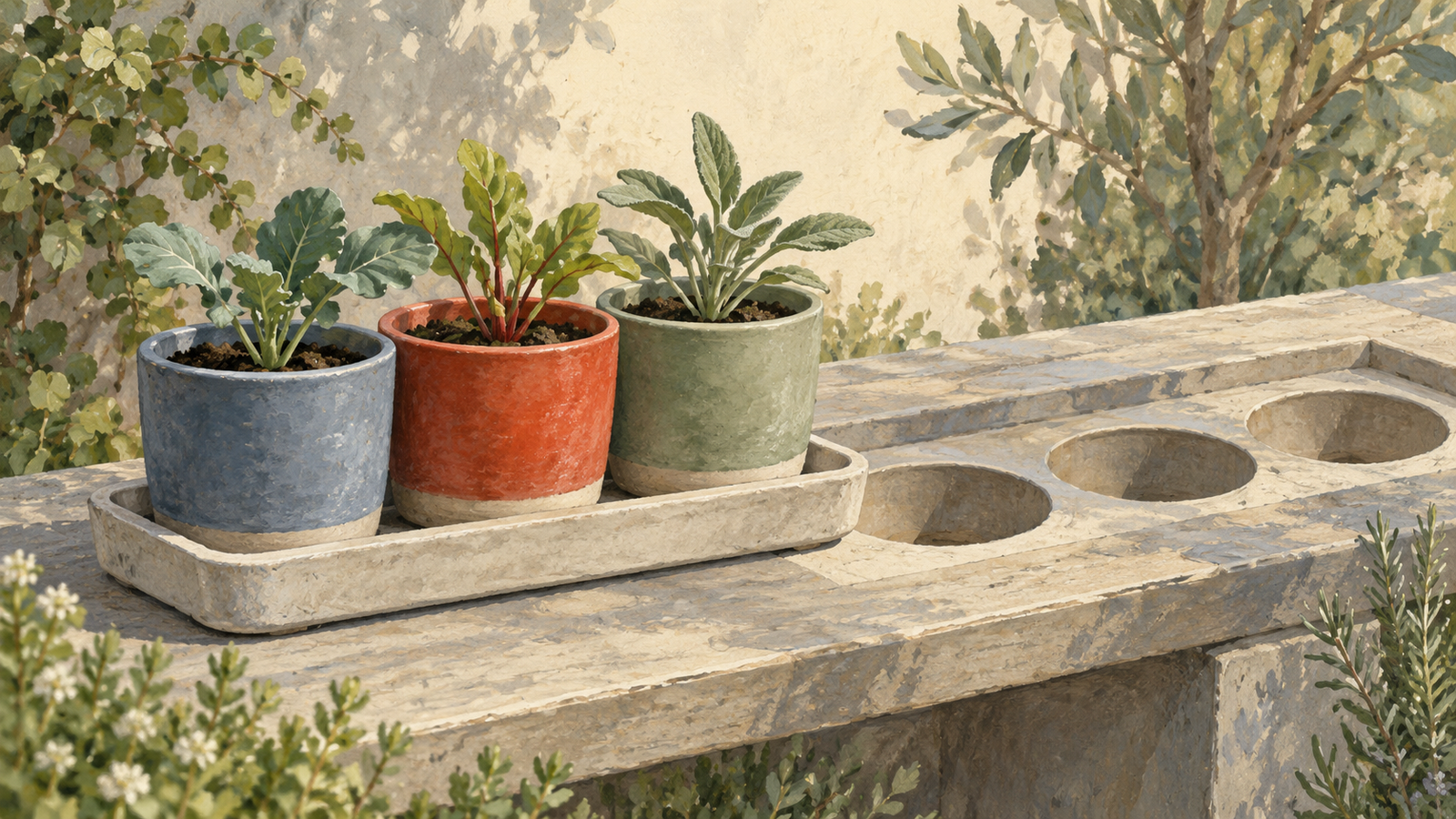 Three seedling cups travel together on one tray toward matching recesses