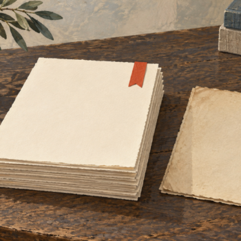 A fresh sheet replaces an older sheet in a stack, marked by a small vermilion bookmark