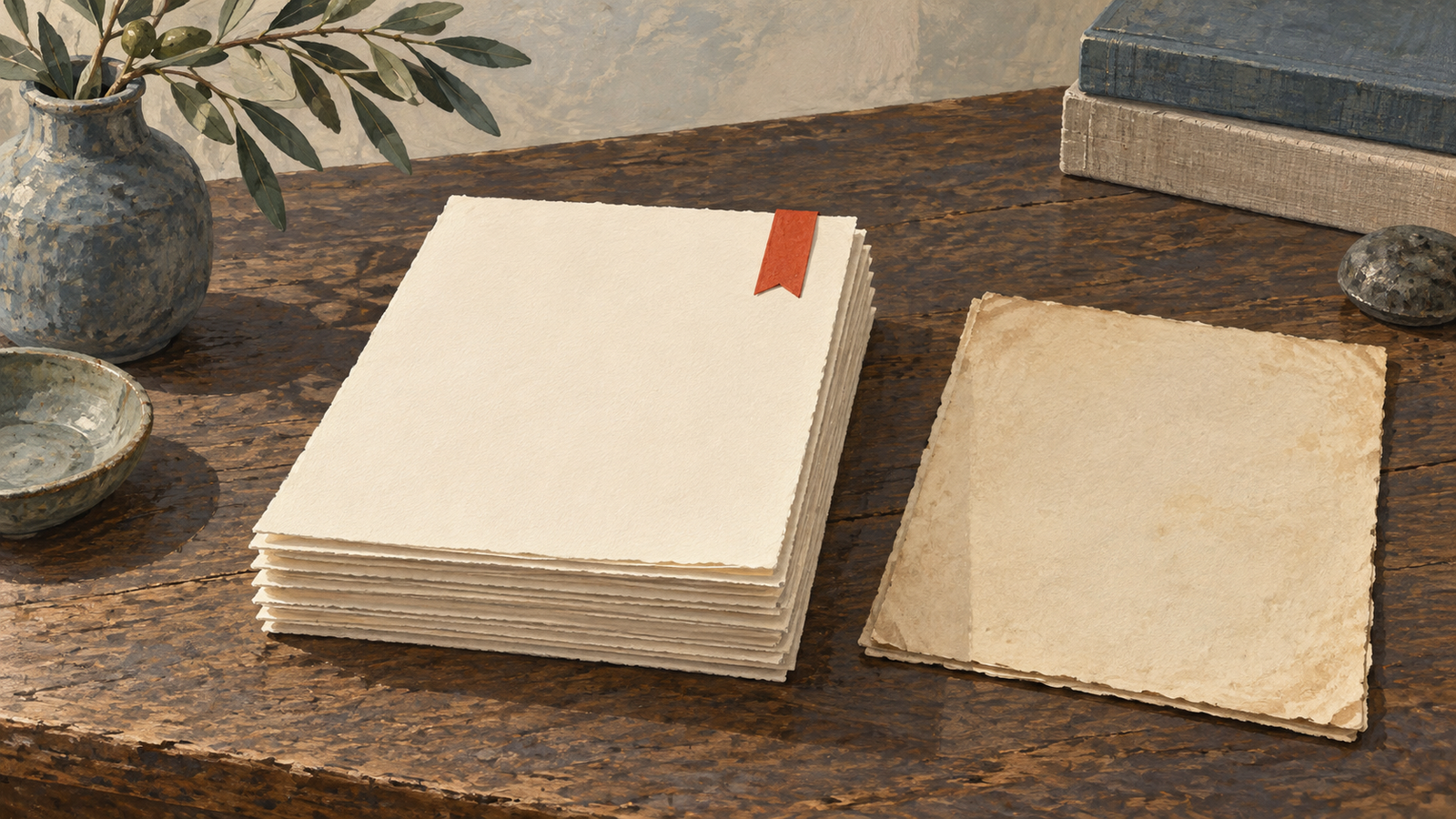 A fresh sheet replaces an older sheet in a stack, marked by a small vermilion bookmark