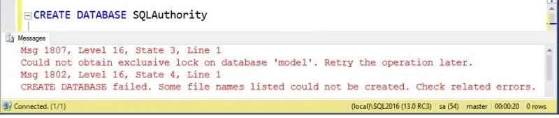Database creation error in SQL Server Management Studio.