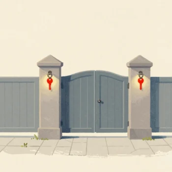 Gouache painting: three garden gates in a row along a stone path, each closed and each with its own key hanging beside it; the last key is vermilion