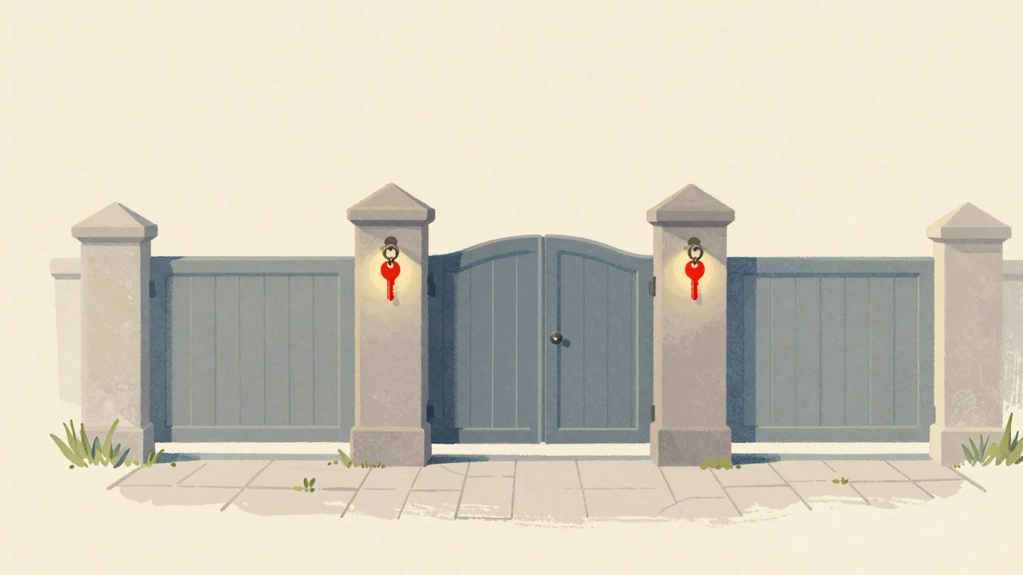 Gouache painting: three garden gates in a row along a stone path, each closed and each with its own key hanging beside it; the last key is vermilion