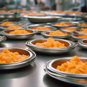 Plated meals ready on a steel kitchen counter with nobody picking them up