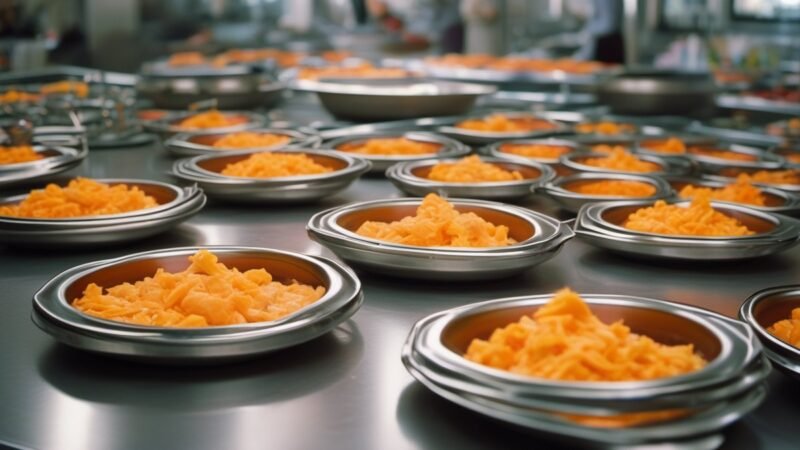 Plated meals ready on a steel kitchen counter with nobody picking them up